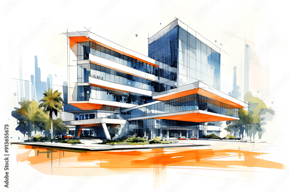 anamorphic Modern corporate building architecture sketch design, orange ...