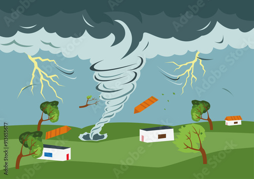 Vector illustration of natural disaster tornado destroying city and trees