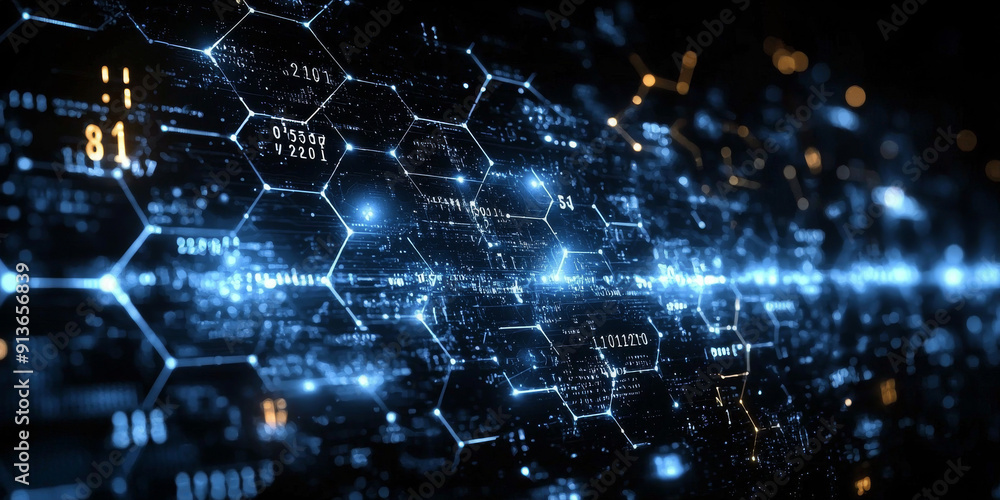Creative blue hexagonal background with binary code. Technology, design and landing page concept Creative blue hexagonal background with binary code. Technology, design and landing page concept