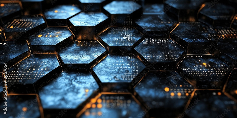Creative blue hexagonal background with binary code. Technology, design and landing page concept Creative blue hexagonal background with binary code. Technology, design and landing page concept