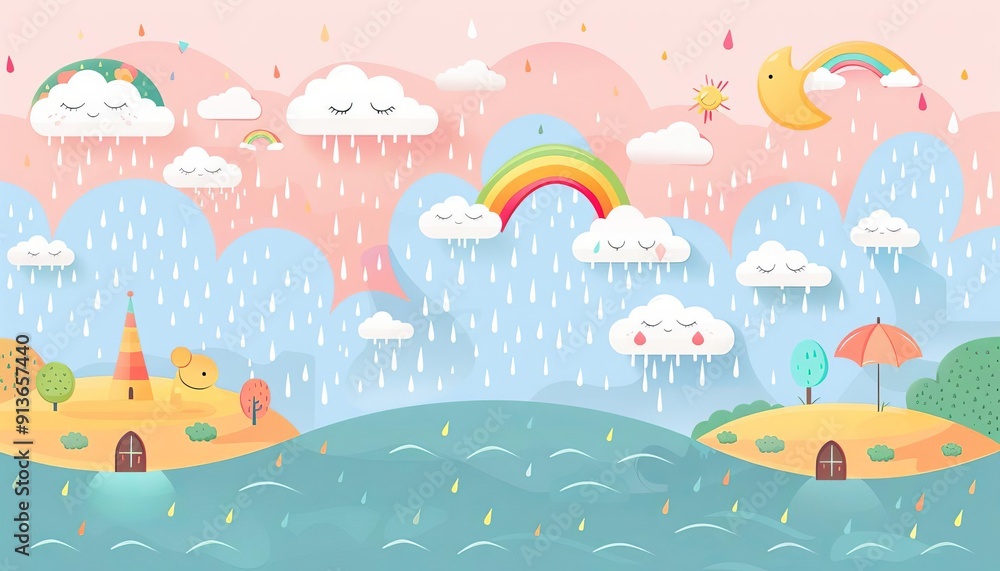 Weather map showing downpour patterns, various regions, flat design illustration Weather map showing downpour patterns, various regions, flat design illustration
