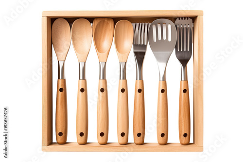 Crafted Wooden Kitchen Utensil Set in Neat Wooden Organizer for Culinary Adventures at Home on Transparent PNG Background. photo