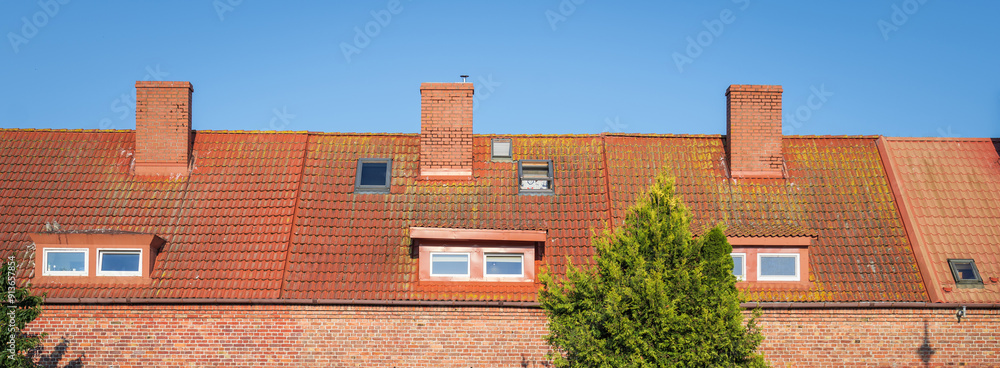 Roofs of terraced houses made of red brick. Roofs covered with corrugated ceramic tiles. Chimneys made of linker bricks