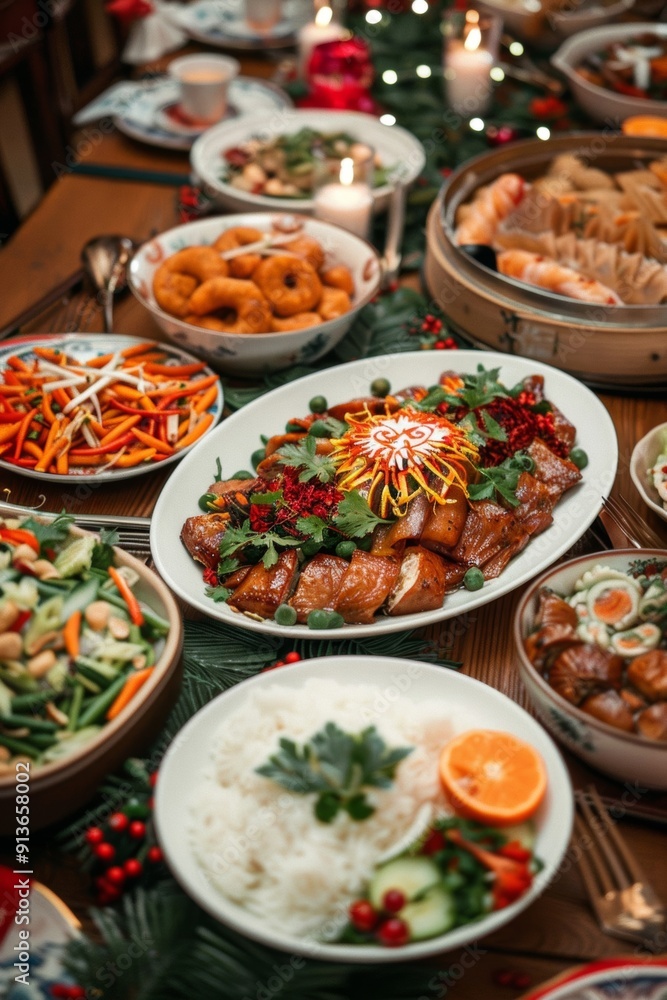 Lunar New Year reunion dinner table set with a variety of traditional dishes Lunar New Year reunion dinner table set with a variety of traditional dishes