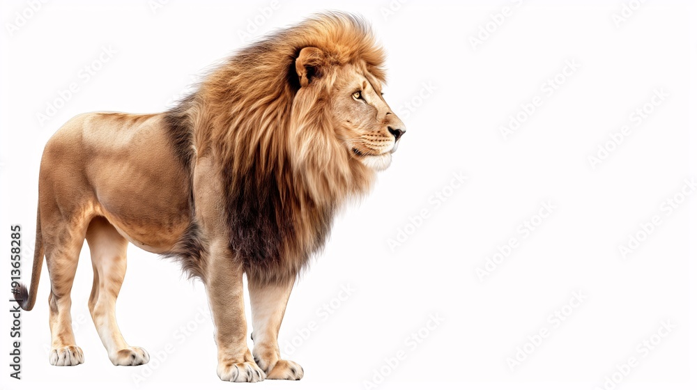 Obraz premium Majestic Lion Portrait: A powerful male lion stands tall against a white backdrop, showcasing his majestic mane and regal presence. The image captures the animal's strength, confidence, and beauty