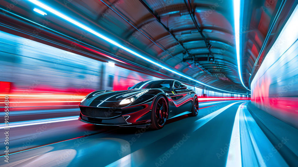 Obraz premium Abstract Car in Tunnel. Time for a fast night drive through the big city
