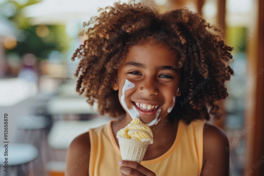 Her genuine smile and playful pose add warmth to outdoor scene. Kid's favorite moment is enjoying ice cream. Vibrant scene reflects innocence and carefree nature of youth. Her genuine smile and playful pose add warmth to outdoor scene. Kid's favorite moment is enjoying ice cream. Vibrant scene reflects innocence and carefree nature of youth.