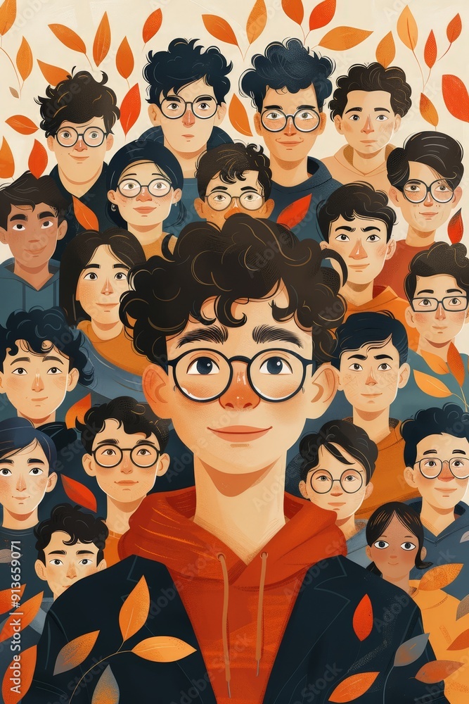 Illustration of a group of diverse young people wearing glasses, surrounded by autumn leaves, celebrating individuality and community. Illustration of a group of diverse young people wearing glasses, surrounded by autumn leaves, celebrating individuality and community.