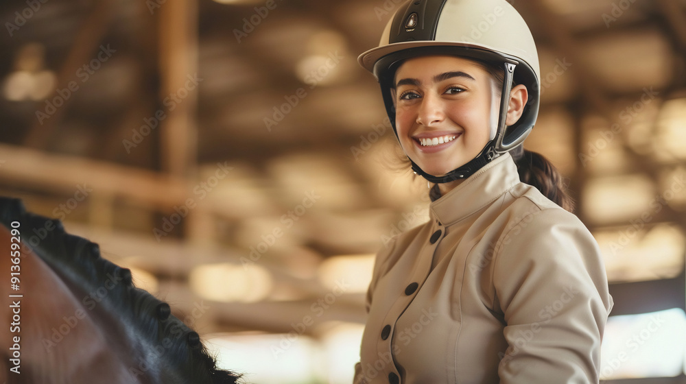 Young woman in a riding helmet smiling while sitting on a horse, indoor equestrian training environment, sunlight streaming through windows Young woman in a riding helmet smiling while sitting on a horse, indoor equestrian training environment, sunlight streaming through windows