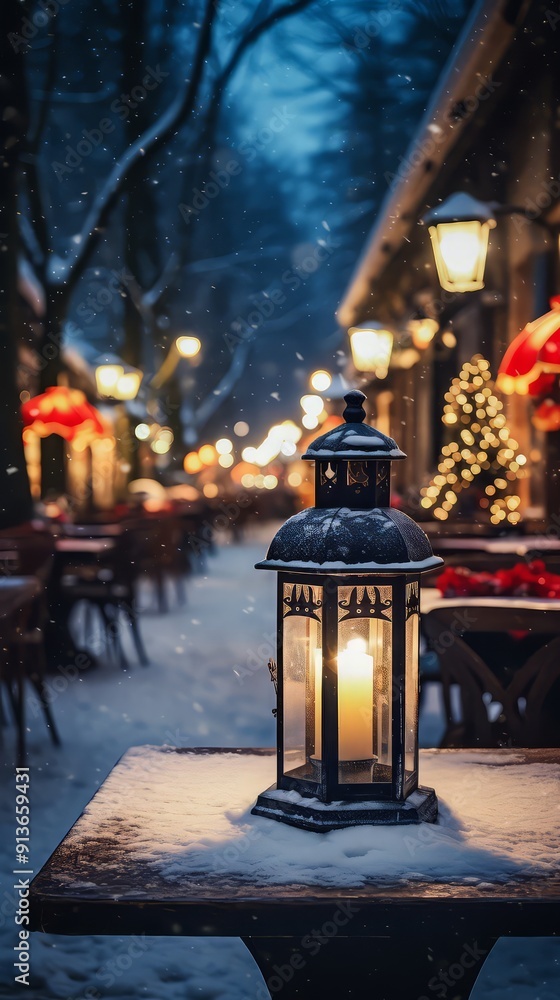 A lit lantern on a wooden table at a Christmas market. Decorated and illuminated outdoor tables of a restaurant or cafe. Snowy winter day A lit lantern on a wooden table at a Christmas market. Decorated and illuminated outdoor tables of a restaurant or cafe. Snowy winter day