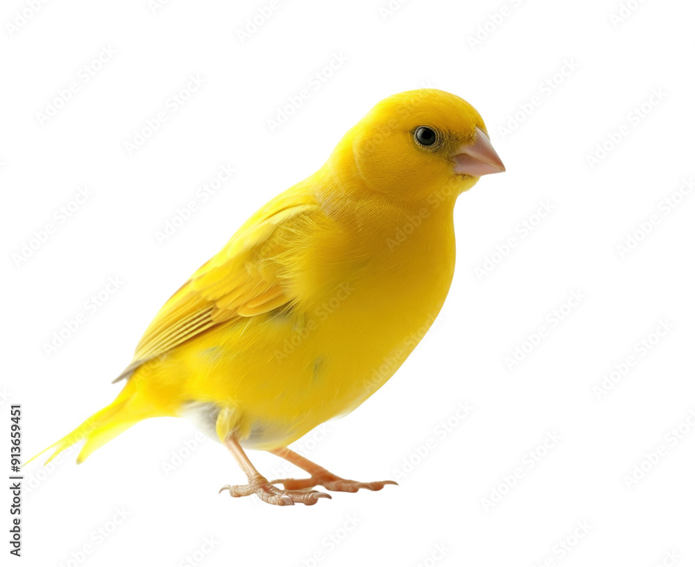 A single yellow canary bird is shown against an isolated background. The canary is looking to the right side of the image. A single yellow canary bird is shown against an isolated background. The canary is looking to the right side of the image.