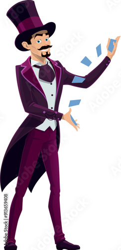 Circus illusionist character performing tricks with cards deck, isolated cartoon vector big top tent magician in top hat and tailcoat perform circus magic show, carnival amusement entertainment event