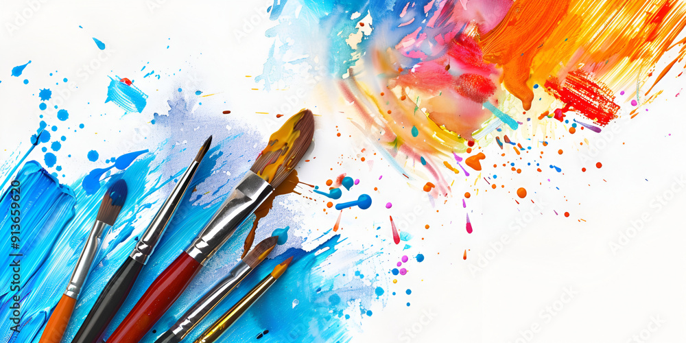 Obraz premium Abstract watercolor background.Colorful paintbrushes with bright splashes of paint. Perfect for adding a touch of creativity to any project.