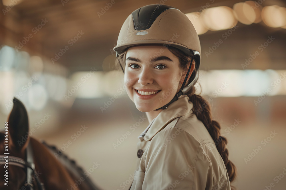 Young woman in a riding helmet smiling while sitting on a horse, indoor equestrian training environment, sunlight streaming through windows Young woman in a riding helmet smiling while sitting on a horse, indoor equestrian training environment, sunlight streaming through windows