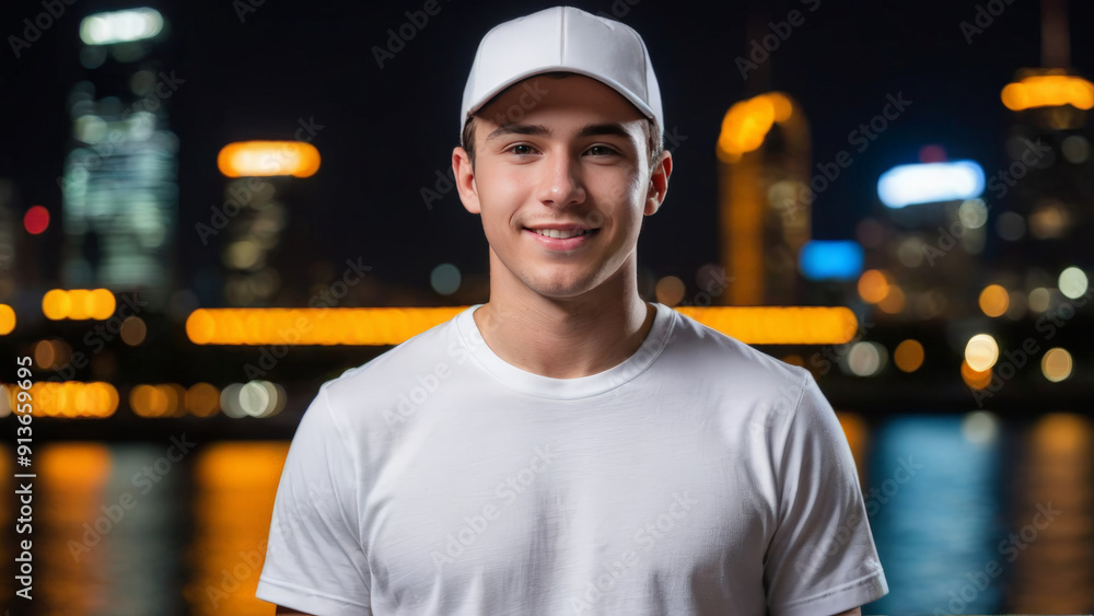 Young man wearing white t-shirt and white baseball cap standing on cityscape at night background Young man wearing white t-shirt and white baseball cap standing on cityscape at night background