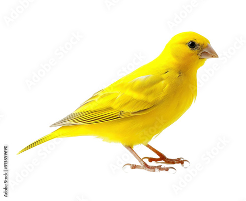 A close-up photograph of a vibrant yellow canary bird perched on a white background.