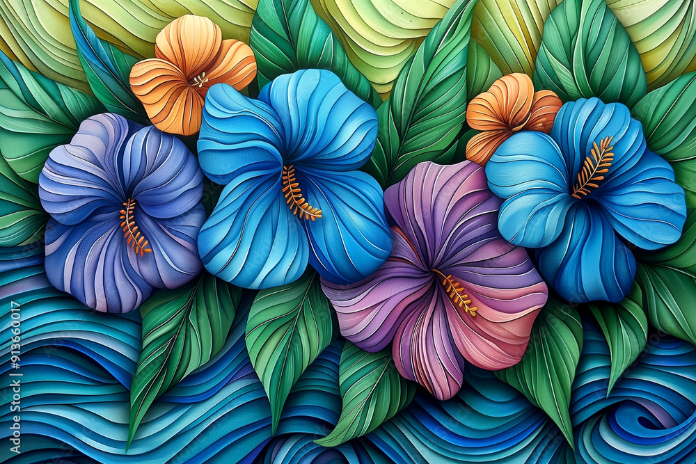 A painting of a bouquet of flowers with a blue background. The flowers are purple, pink, and yellow A painting of a bouquet of flowers with a blue background. The flowers are purple, pink, and yellow