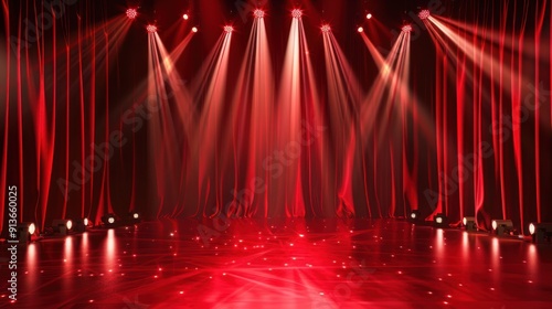 A red curtain stage with lights shining on it