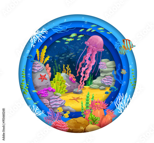 Paper cut underwater landscape with tropical fishes and undersea animals in vector water frame. Sea or ocean cartoon underwater world landscape in paper cut with coral reef jellyfish and starfish