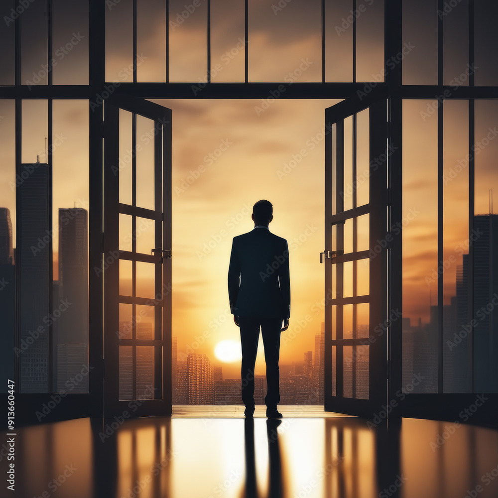 Fototapeta premium back view business man standing on top Building at sunset. Business man Silhouette Stands with blur city background