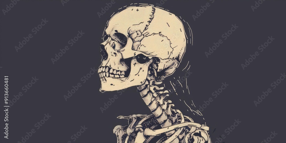 A detailed illustration of a human skull and skeleton. A detailed illustration of a human skull and skeleton.