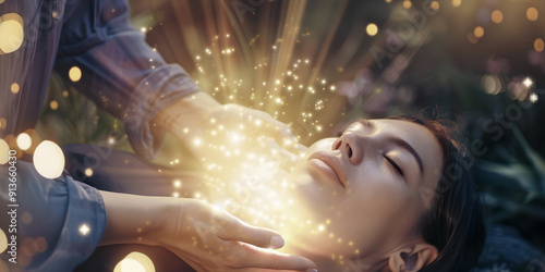 Reiki healer and client - Powerful golden light healing energy being channelled to a young lady lying with her eyes closed
