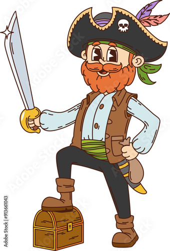 Retro cartoon groovy pirate and corsair character armed with a saber valiantly defends treasure trunk. Fierce sailor and skipper, boatswain, captain or filibuster ready to protect loot in wooden chest