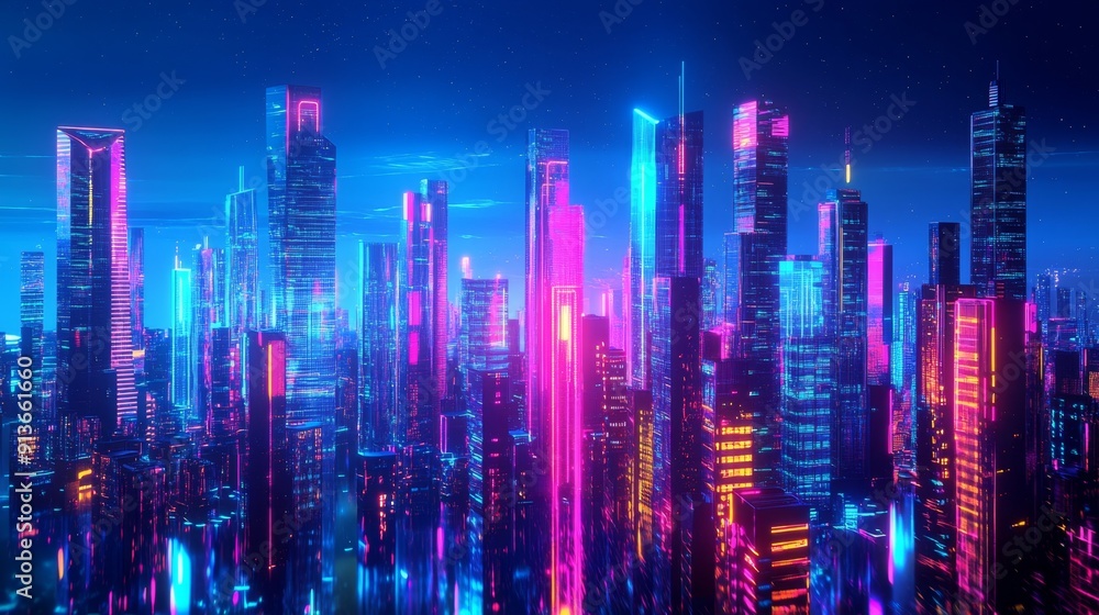 Fototapeta premium Futuristic 3D Cityscape: Vibrant Modern Metropolis with Detailed Buildings, Abstract Architecture - 3D Illustration