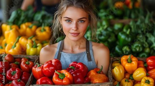 A young woman at a farmers market holds a basket of vibrant bell peppers, smiling amidst a background of fresh vegetables, Ideal for concepts related to organic food, healthy eating, local produce photo