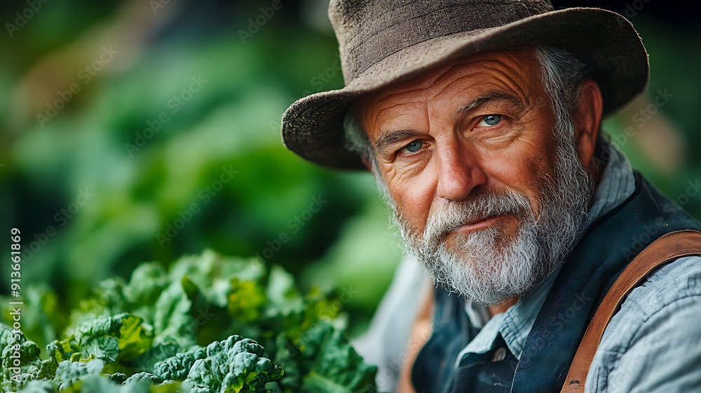 A bearded older man wearing a hat and apron is among lush green plants, symbolizing sustainable agriculture, dedication, and organic farming A bearded older man wearing a hat and apron is among lush green plants, symbolizing sustainable agriculture, dedication, and organic farming