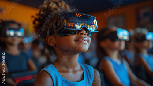 Children in a classroom wearing realistic glasses, learning new technology, high-resolution back-to-school theme photo