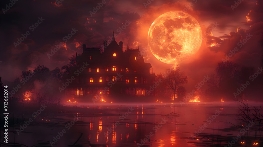Haunted Mansion Under a Blood Moon Illustration Haunted Mansion Under a Blood Moon Illustration
