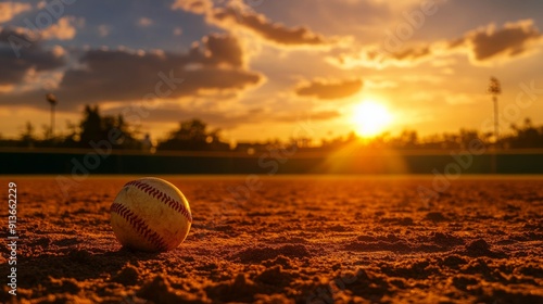 Softball on dirt field at sunset background