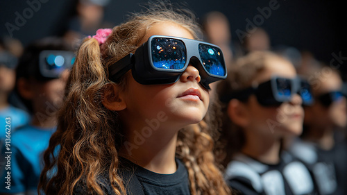 Classroom filled with children wearing advanced glasses, learning new tech, high-resolution back-to-school theme photo