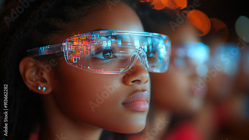 Students in a high-tech classroom, sporting realistic glasses, back-to-school theme in high resolution