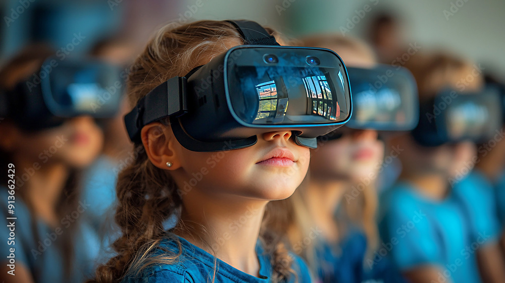High-resolution back-to-school image of children in a classroom, using realistic glasses to explore technology High-resolution back-to-school image of children in a classroom, using realistic glasses to explore technology