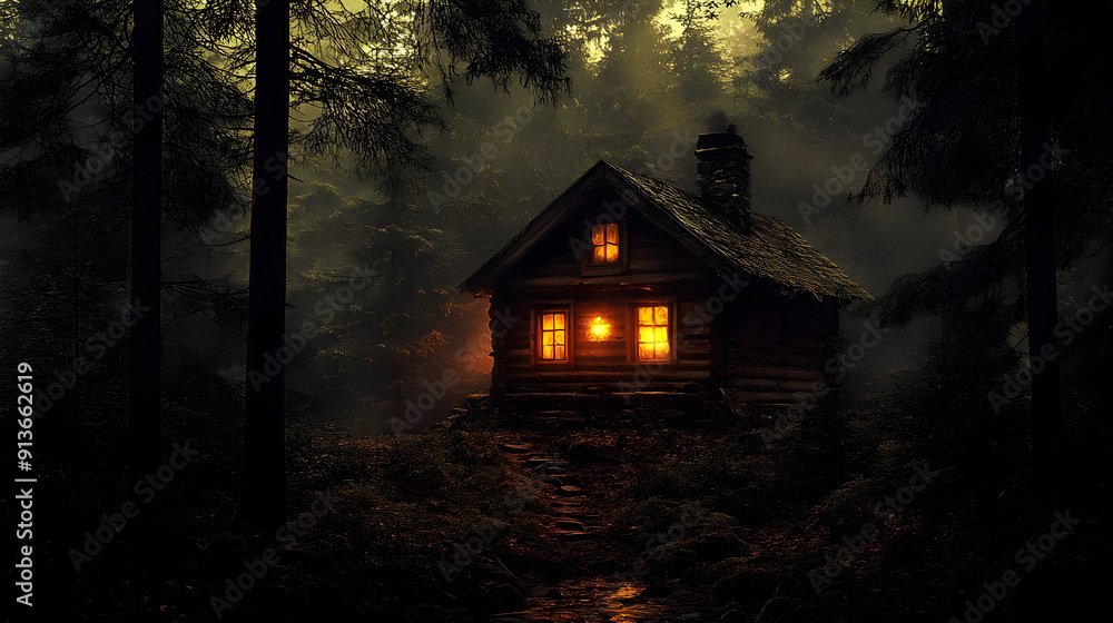 Cozy cabin with warm lights in a misty forest. Cozy cabin with warm lights in a misty forest.