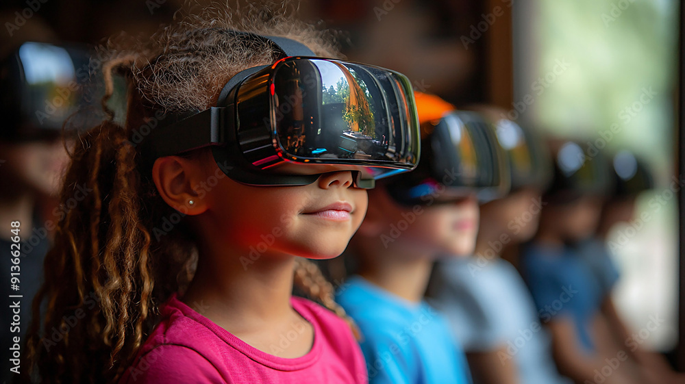 Kids in a classroom, exploring new technology with realistic glasses, high-resolution back-to-school image Kids in a classroom, exploring new technology with realistic glasses, high-resolution back-to-school image