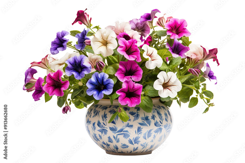 A Vibrant Display of Colorful Petunias in a Beautiful Decorative Pot on Transparent PNG Background. A Vibrant Display of Colorful Petunias in a Beautiful Decorative Pot on Transparent PNG Background.