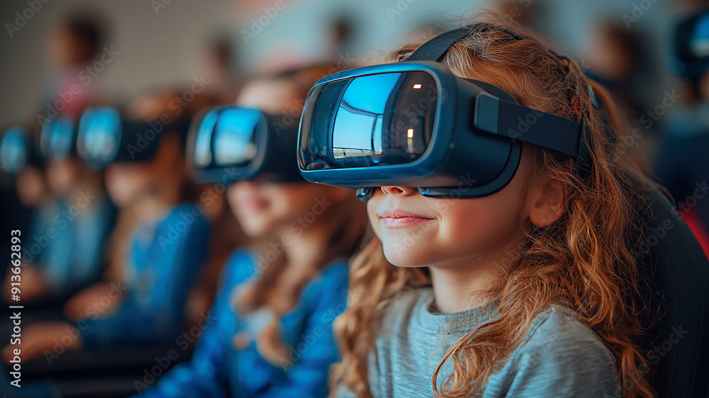 High-resolution photo of kids in a classroom, learning technology with realistic glasses, back-to-school theme High-resolution photo of kids in a classroom, learning technology with realistic glasses, back-to-school theme