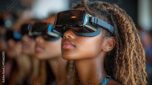 Students in a classroom setting, equipped with realistic glasses for technology learning, high-resolution photo