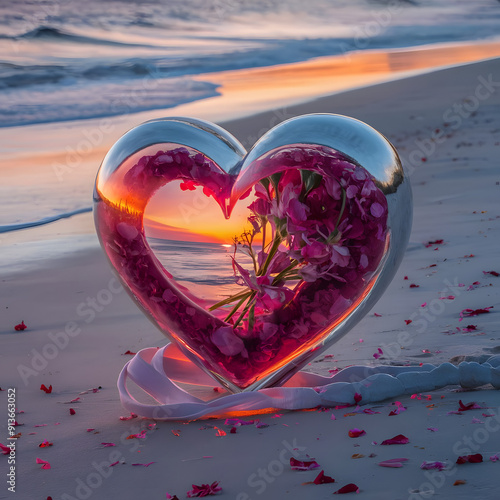 Heart Glass with Flowers at Sunset photo