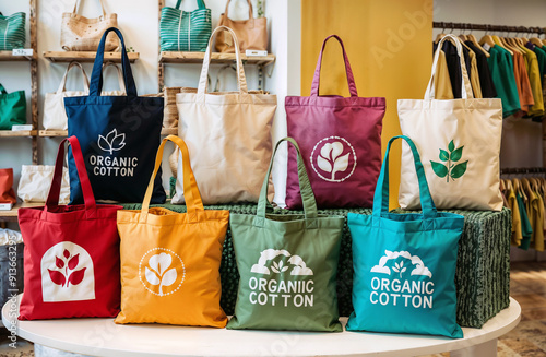 Collection of organic cotton tote bags with various colors and designs promoting sustainability