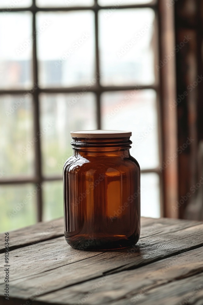 Wooden Table with Brown Glass Jar Wooden Table with Brown Glass Jar