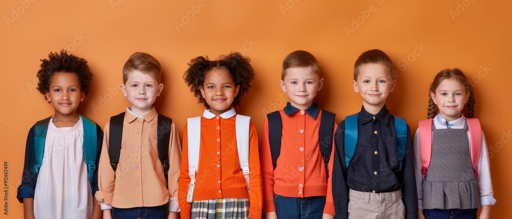 Fototapeta premium diverse group of happy school children with backpacks standing in a row against a warm orange wall - ready for learning and education.