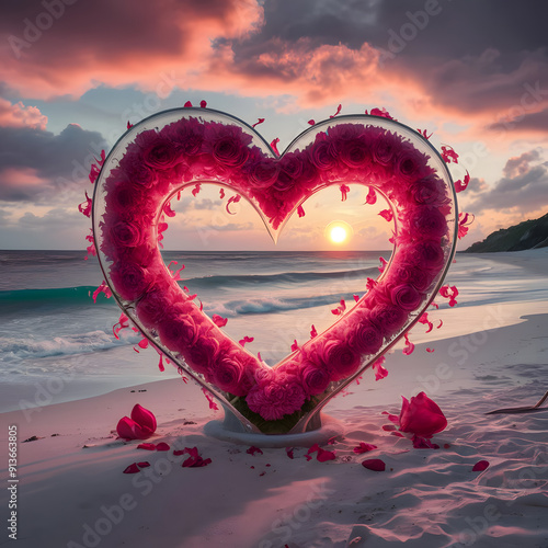 Heart Glass with Flowers at Sunset photo