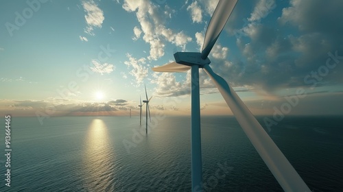 A wind turbine is seen in the distance over the ocean background