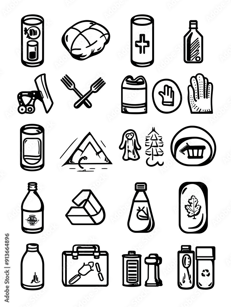 A Collection of Black and White Line Drawings of Various Objects, generative ai image A Collection of Black and White Line Drawings of Various Objects, generative ai image