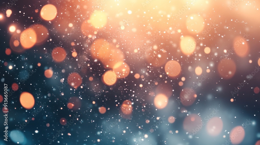 A blurry image of snowflakes with a warm orange and blue background A blurry image of snowflakes with a warm orange and blue background