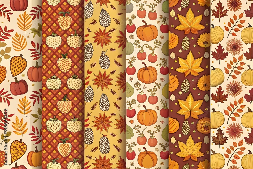 Autumn and Thanksgiving set of seamless patterns. Fall patterns collection with doodles for wallpaper, wrapping paper, and modern seamless patterns backgrounds.